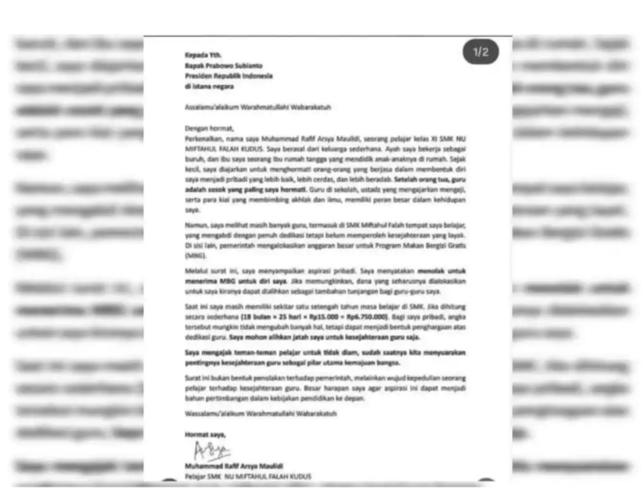 Tolak MBG, Siswa di Kudus Surati Presiden Prabowo: Minta Anggaran Rp6,7 Juta Dialihkan ke Tunjangan Guru
