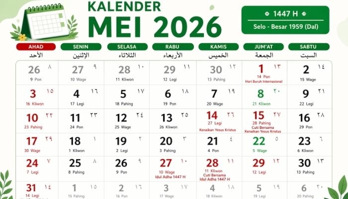 Kalender Jawa Mei 2026: Daftar Hari Baik, Weton, Pasaran, Neptu, dan Hari Libur Nasional