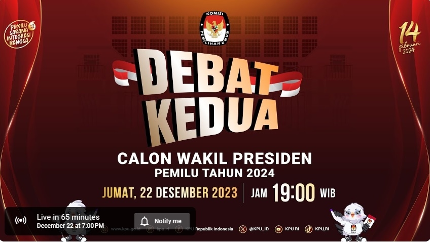 Jadwal Debat Cawapres 2024 Malam Ini Jumat 22 Desember 2023, Jam Berapa Disiarkan di TV Apa? CEK Live Streaming GRATIS Tanpa IKLAN