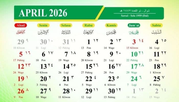 Kalender Jawa Pekan Ini, 30 Maret - 5 April 2026: Senin Legi Neptu 9, Jumat Kliwon Neptu 14, Simak Selengkapnya