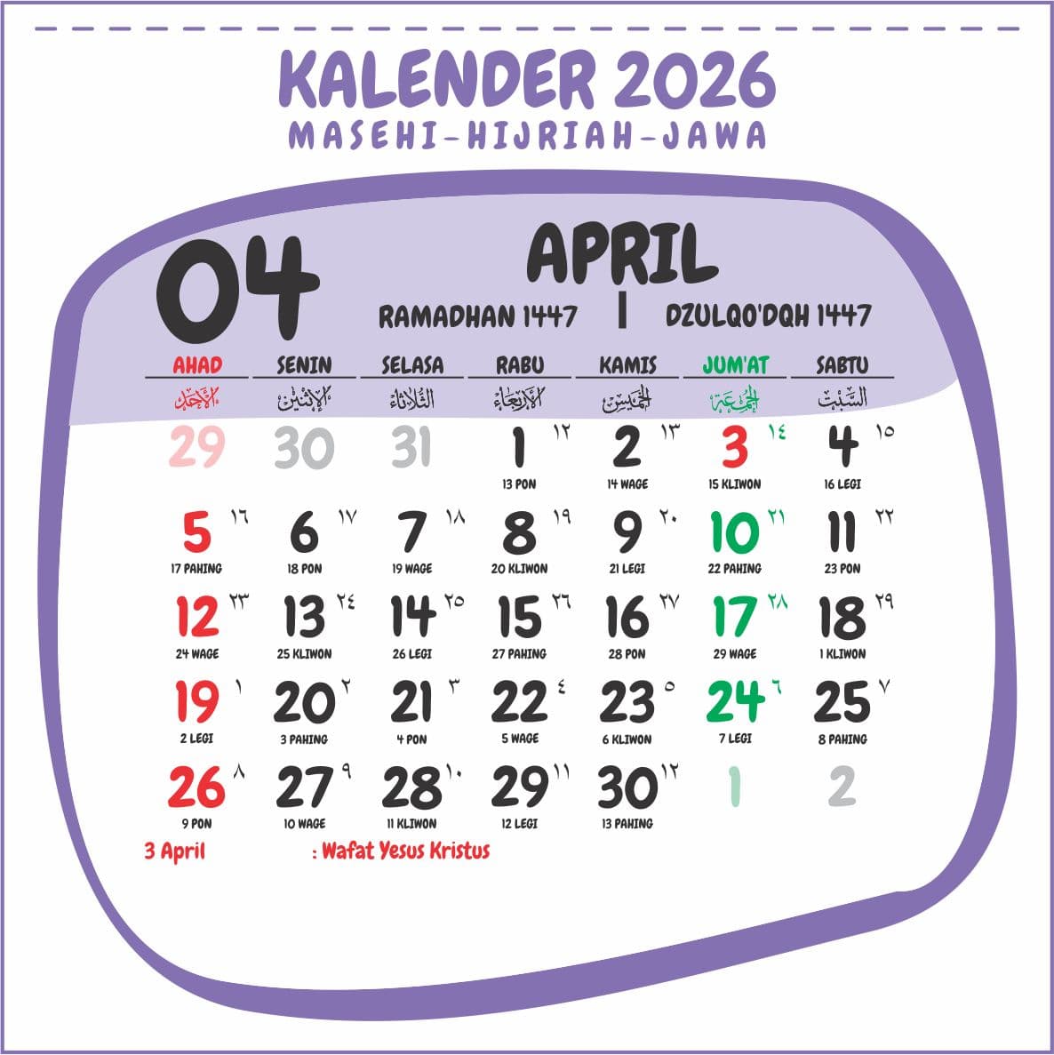 Kalender Jawa April 2026 Lengkap: Cek Weton, Pasaran, dan Neptu Setiap Hari dari 1 hingga 30 April