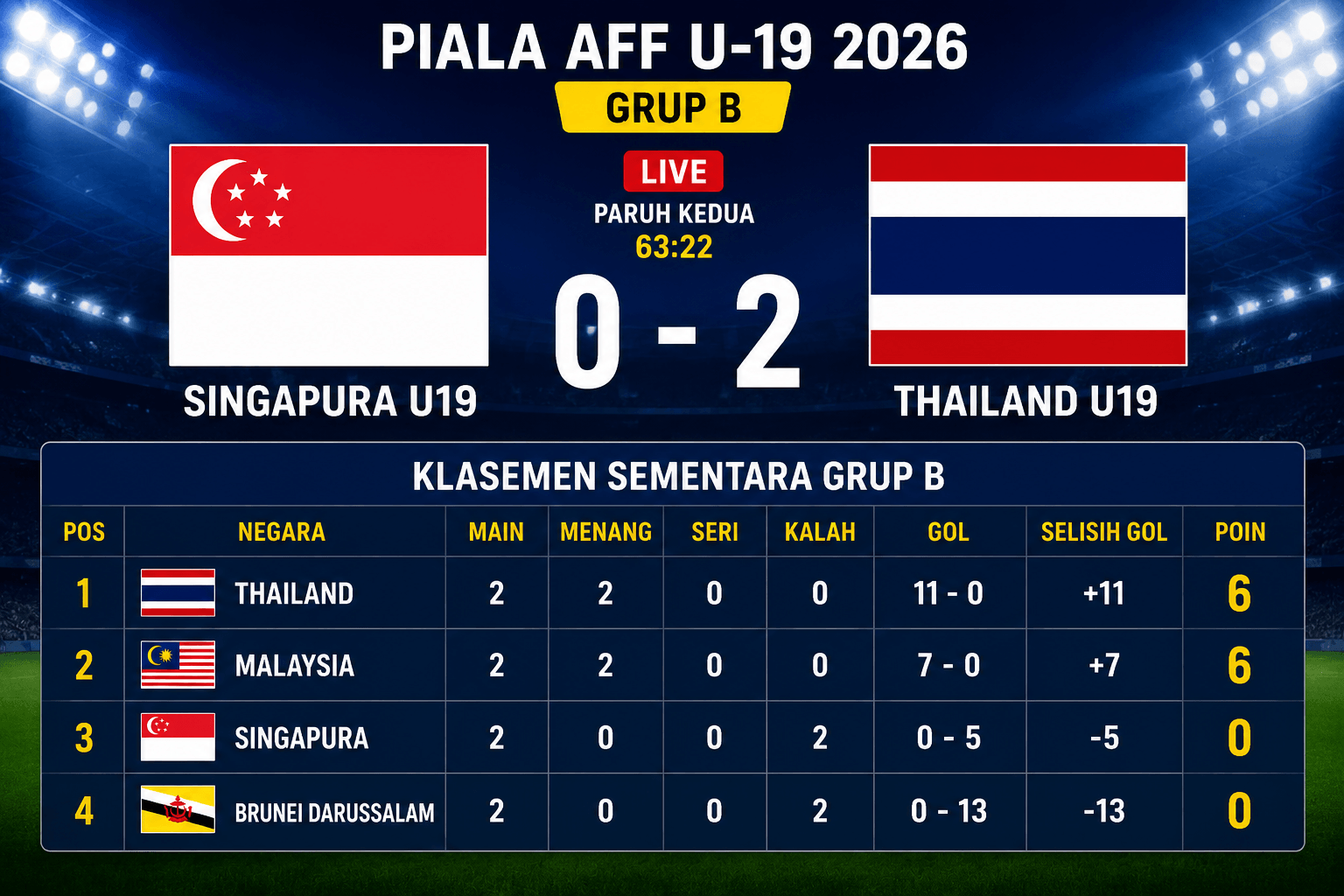LIVE SCORE Singapura vs Thailand di Grup B Piala AFF U19, Skor 0-2 Paruh Babak Kedua! Cek Update Klasemen Skor Akhir