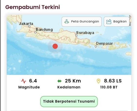 Gempa Bumi Jepara M5,3 di Laut Jawa Utara Jawa Tengah, Tidak Berpotensi Tsunami