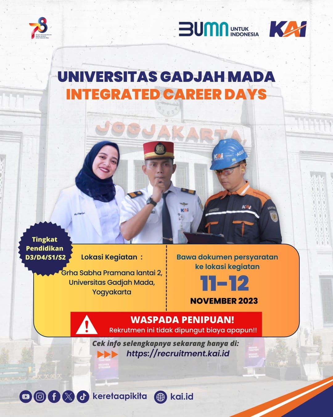 Jangan Lewatkan! KAI Buka Rekrutmen di Job Fair UGM Pada 11-12 November 2023
