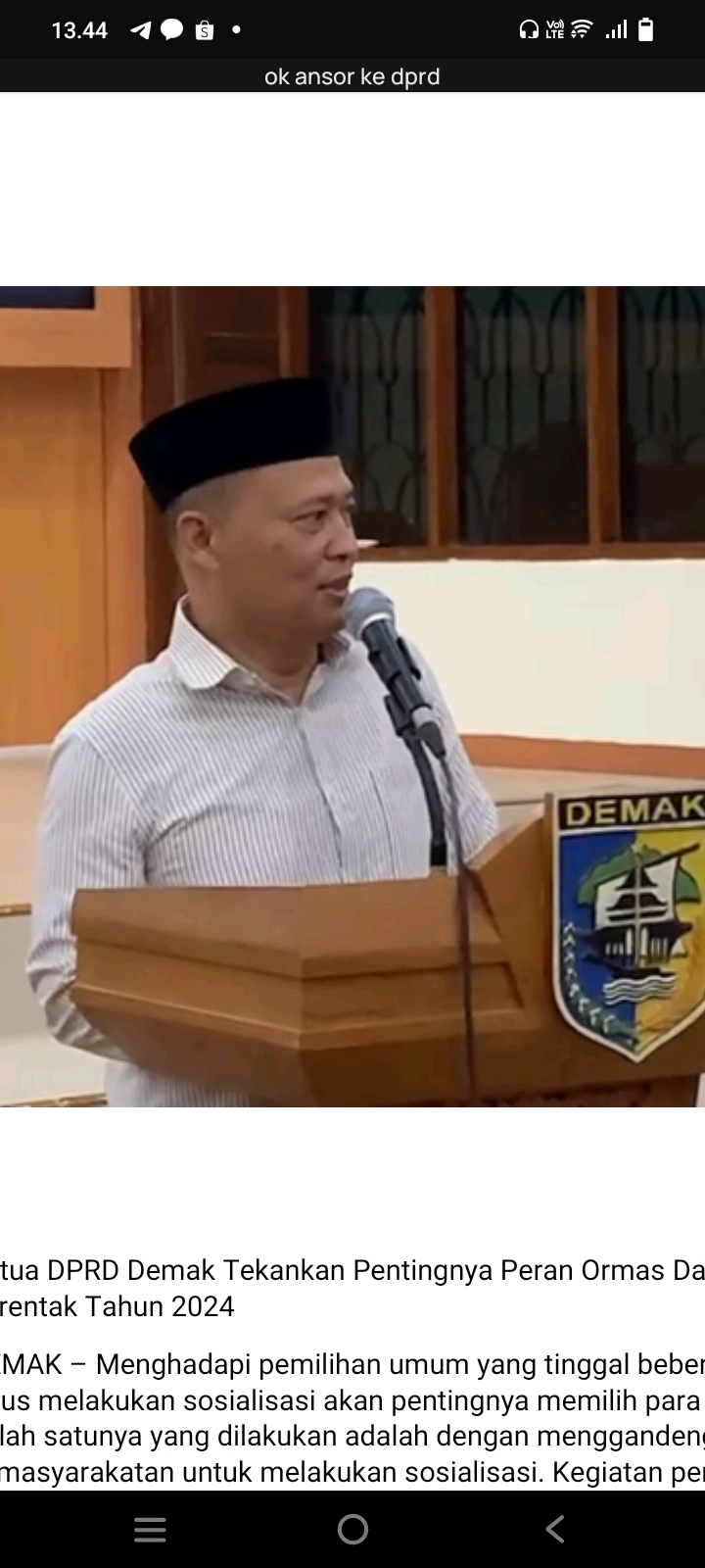 Ketua DPRD Demak Tekankan Pentingnya Peran Ormas Dalam Menjaga Kondusifitas Dalam Pemilu Serentak Tahun 2024