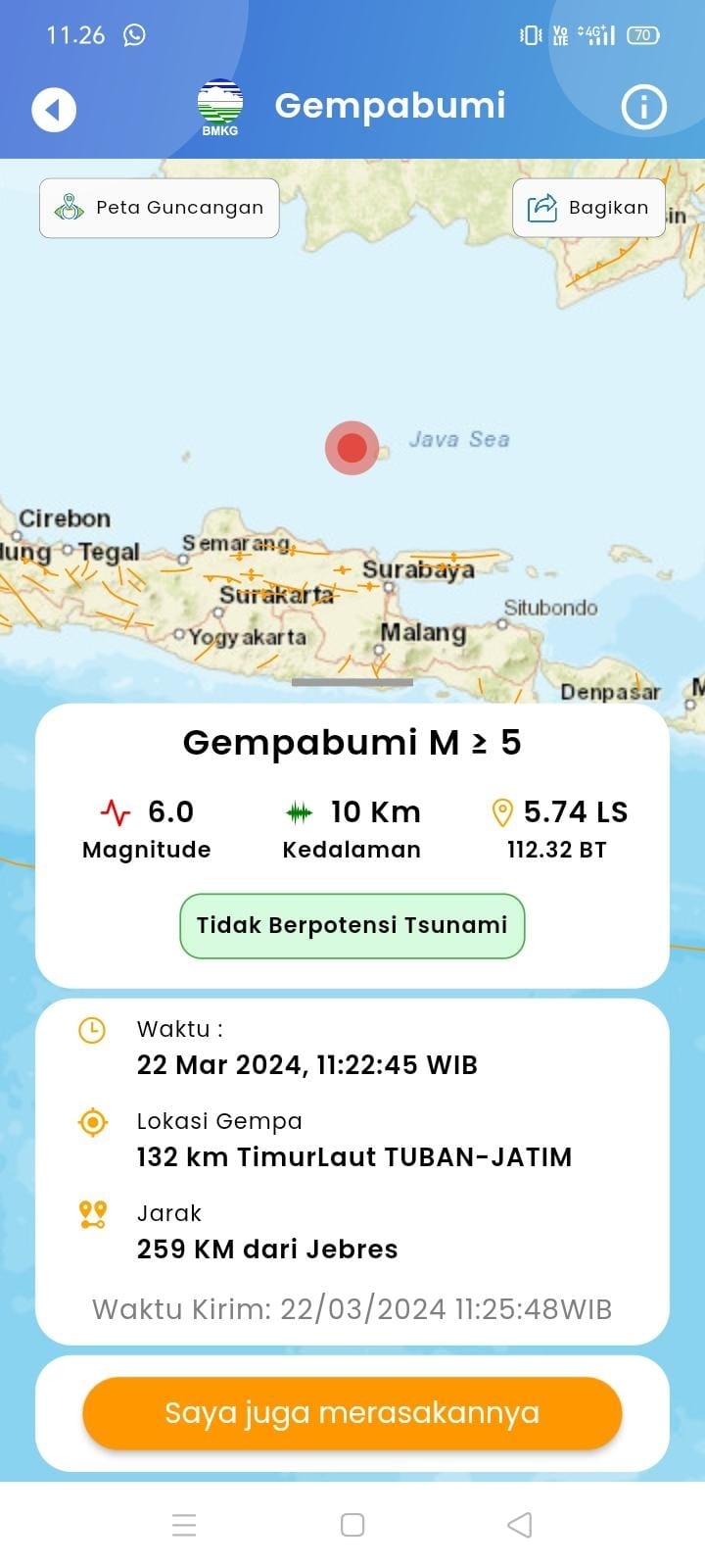 Gempa 6 SR Guncang Tuban, Getaran Dirasakan Hingga Semarang, Kudus dan Pati
