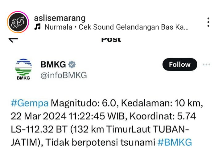Gempa 6.0 Guncang Wilayah Tuban, Ini Respon Unik Netizen di Semarang Saat Turut Juga Merasakan Getaran Gempa