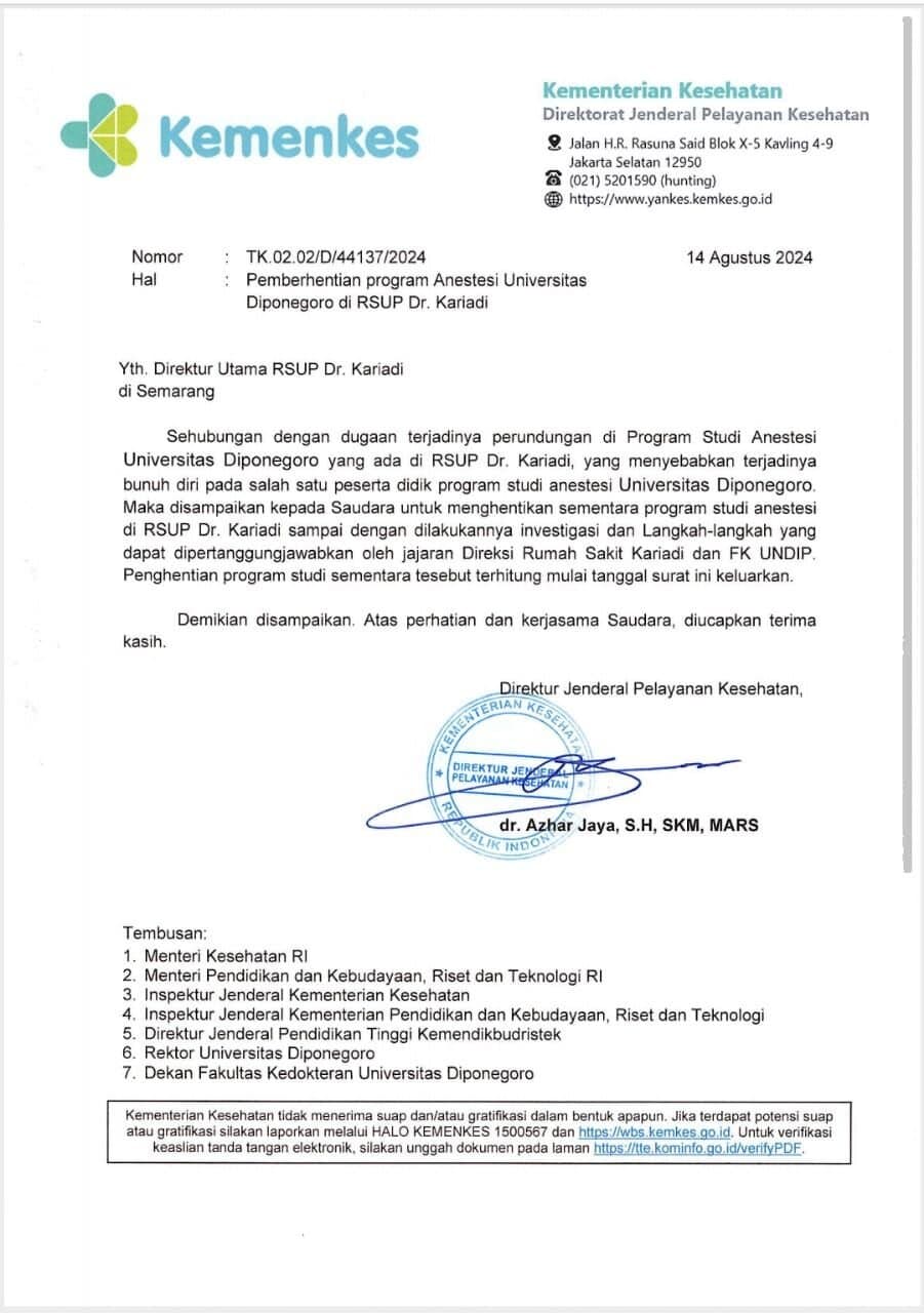 Kementerian Kesehatan Hentikan Sementara Program Anestesi Undip di RSUP Dr. Kariadi Akibat Dugaan Perundungan Hingga Sebabkan Bunuh Diri
