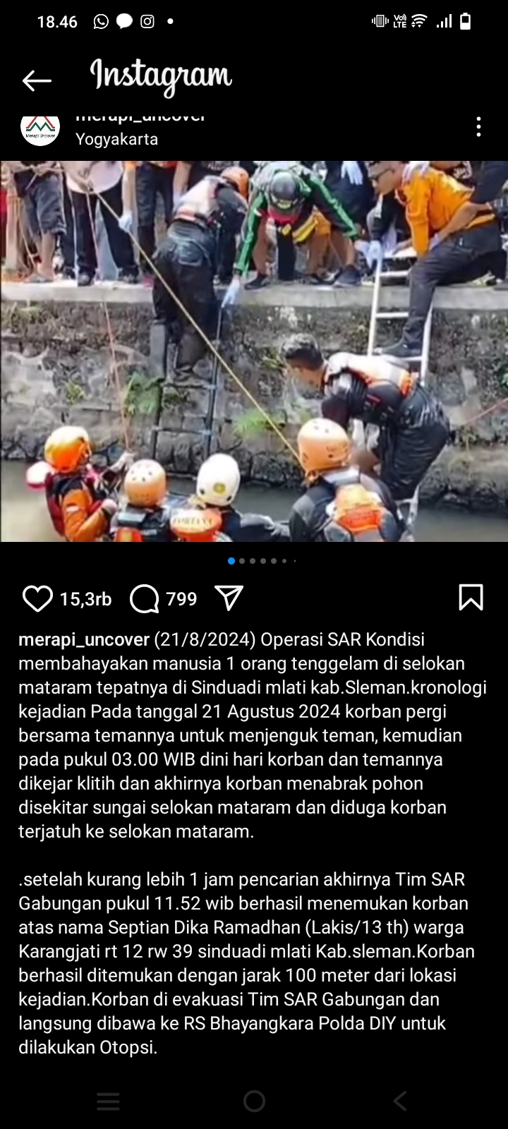 Dikejar Klitih, Seorang Bocah Menabrak Pohon dan Tenggelam di Selokan, Berhasil Diselamatkan SAR