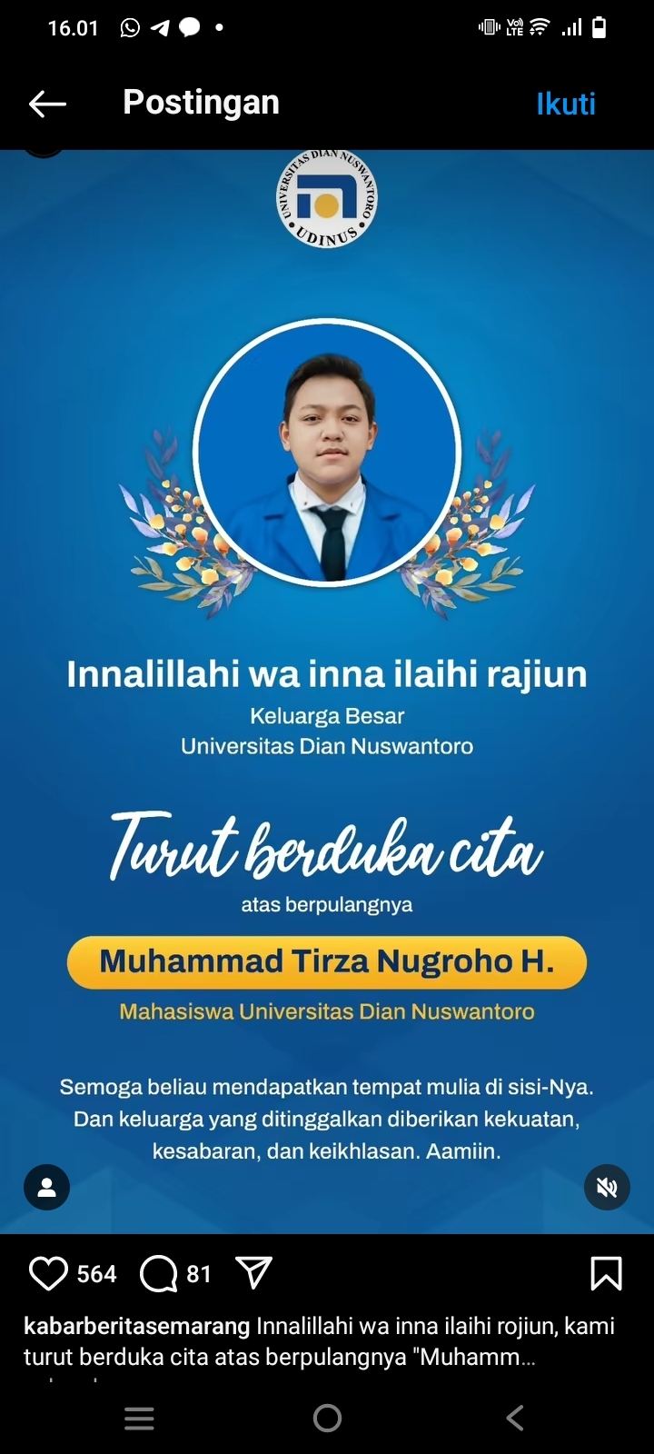 Udinus Sampaikan Duka Cita dan Santunan untuk Mahasiswa Korban Pengeroyokan di Jl Kelud Semarang