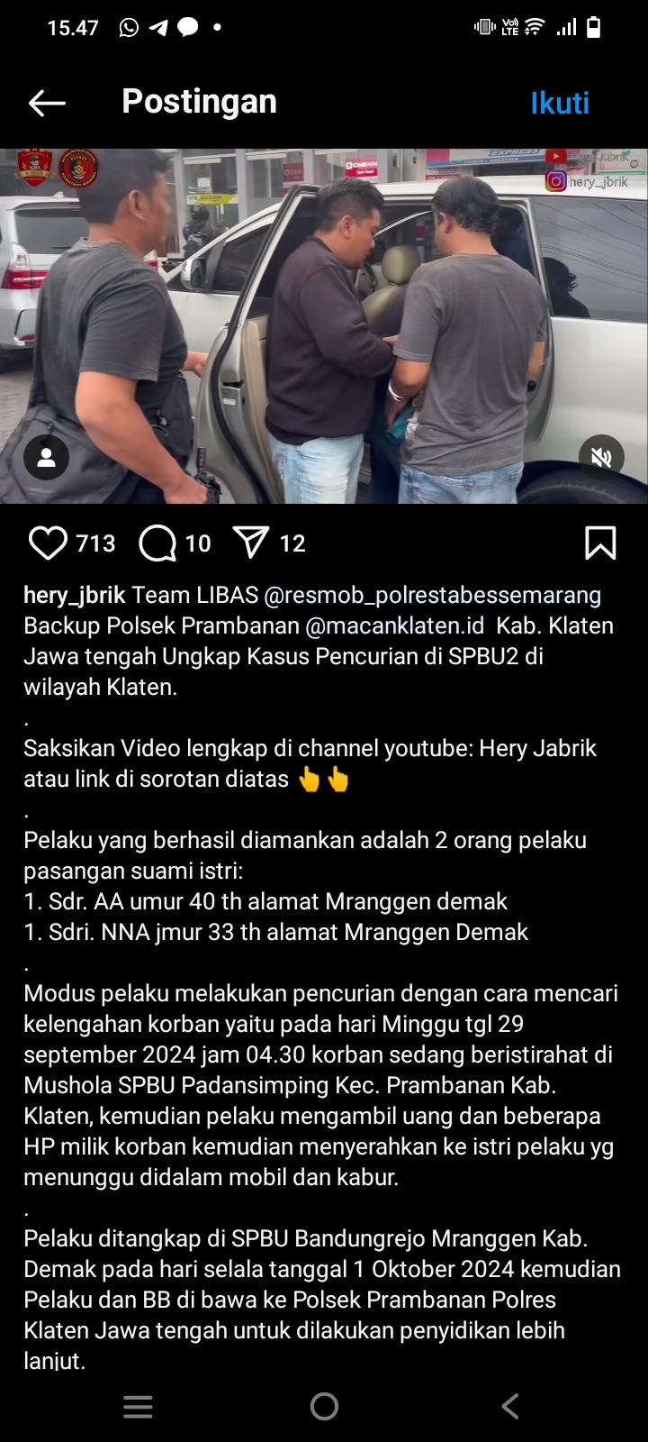 Lakukan Pencurian di SPBU Klaten, Pasangan Suami Istri Ditangkap di Mranggen Demak