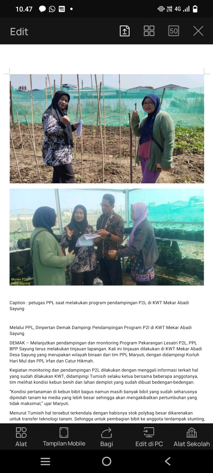 Melalui PPL, Dinpertan Demak Dampingi Pendampingan Program P2l di KWT Mekar Abadi Sayung