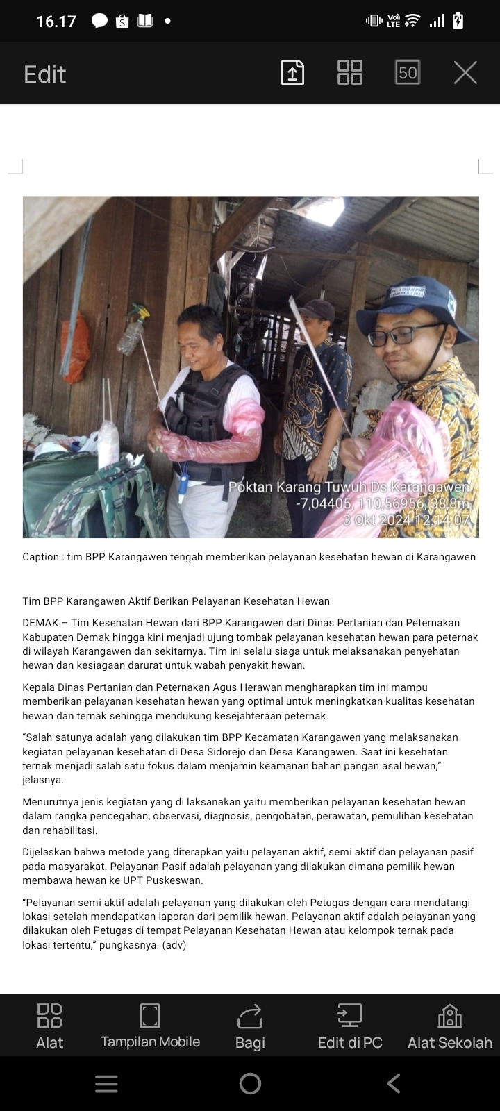 Tim BPP Karangawen Aktif Berikan Pelayanan Kesehatan Hewan