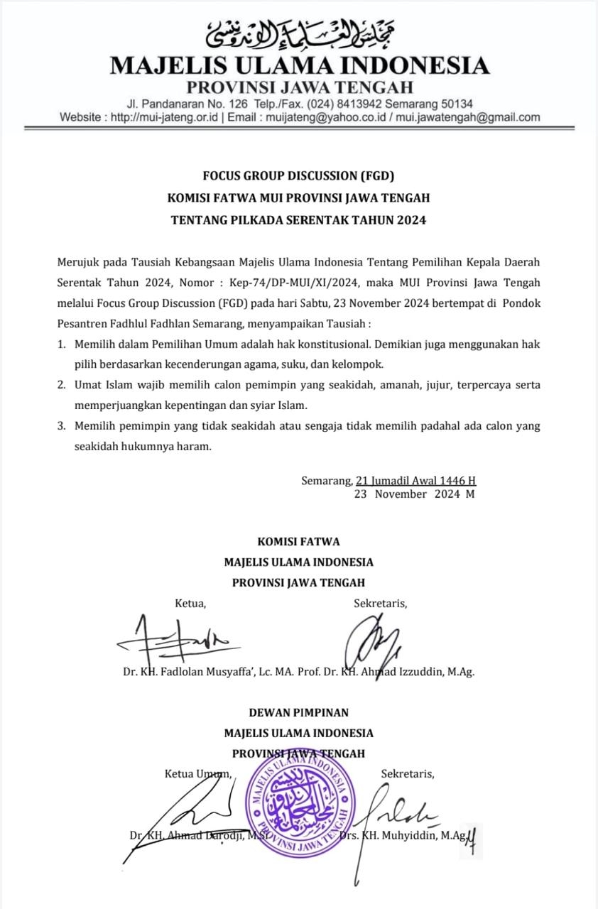 Soal Fatwa MUI: FKUB Jateng Menghimbau Tokoh Agama Tidak Melibatkan Opini Keagamaan Dalam Proses Pilkada