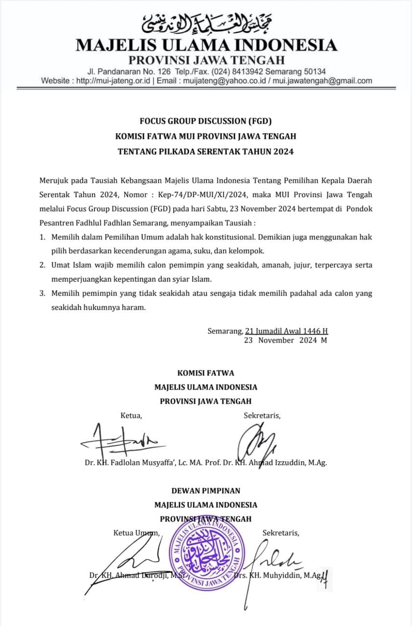 Soal Fatwa MUI: FKUB Jateng Menghimbau Tokoh Agama Tidak Melibatkan Opini Keagamaan Dalam Proses Pilkada