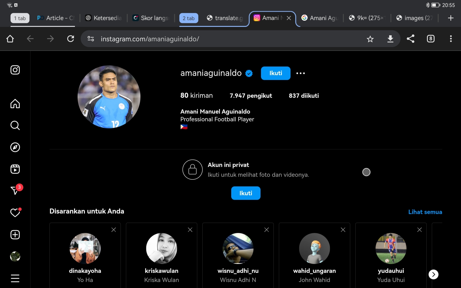 PROFIL INSTAGRAM Amani AGUINALDO Kapten Timnas Filipina di Piala AFF 2024, Bikin Ferrari Dikartu Merah