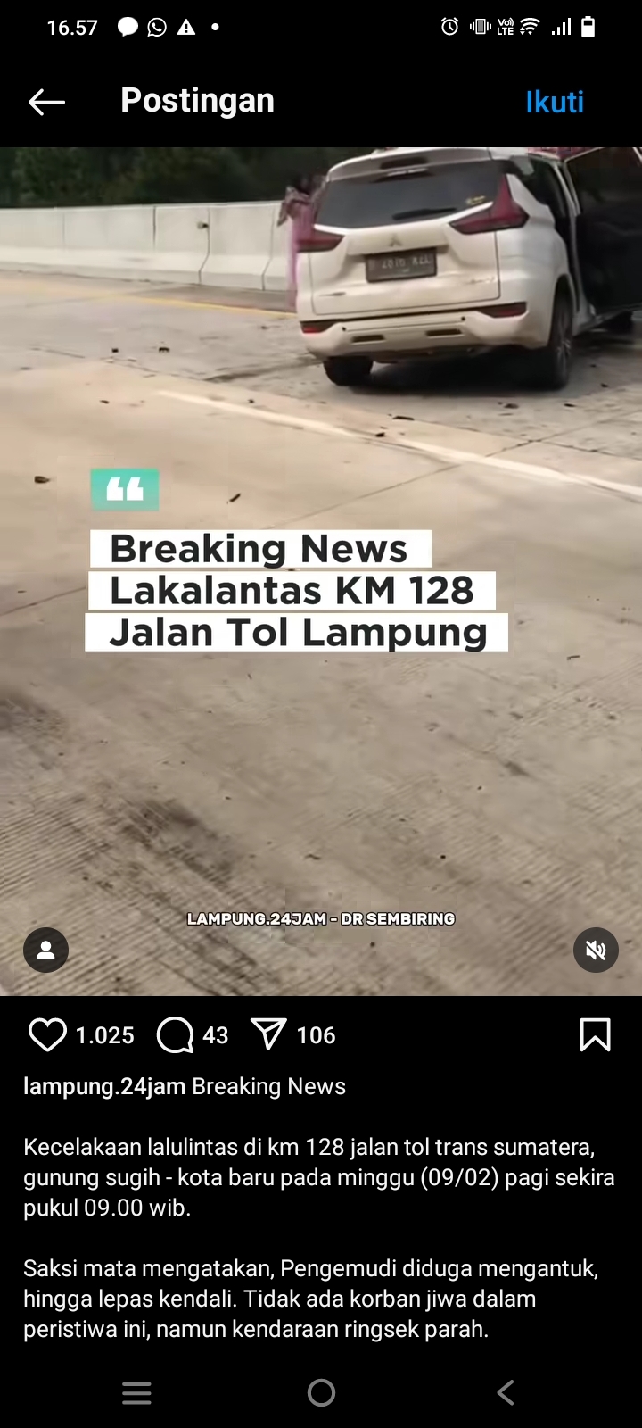 Kecelakaan Parah Terjadi di KM 128 Jalan Tol Lampung, Alhamdulillah Tak Ada Korban Jiwa