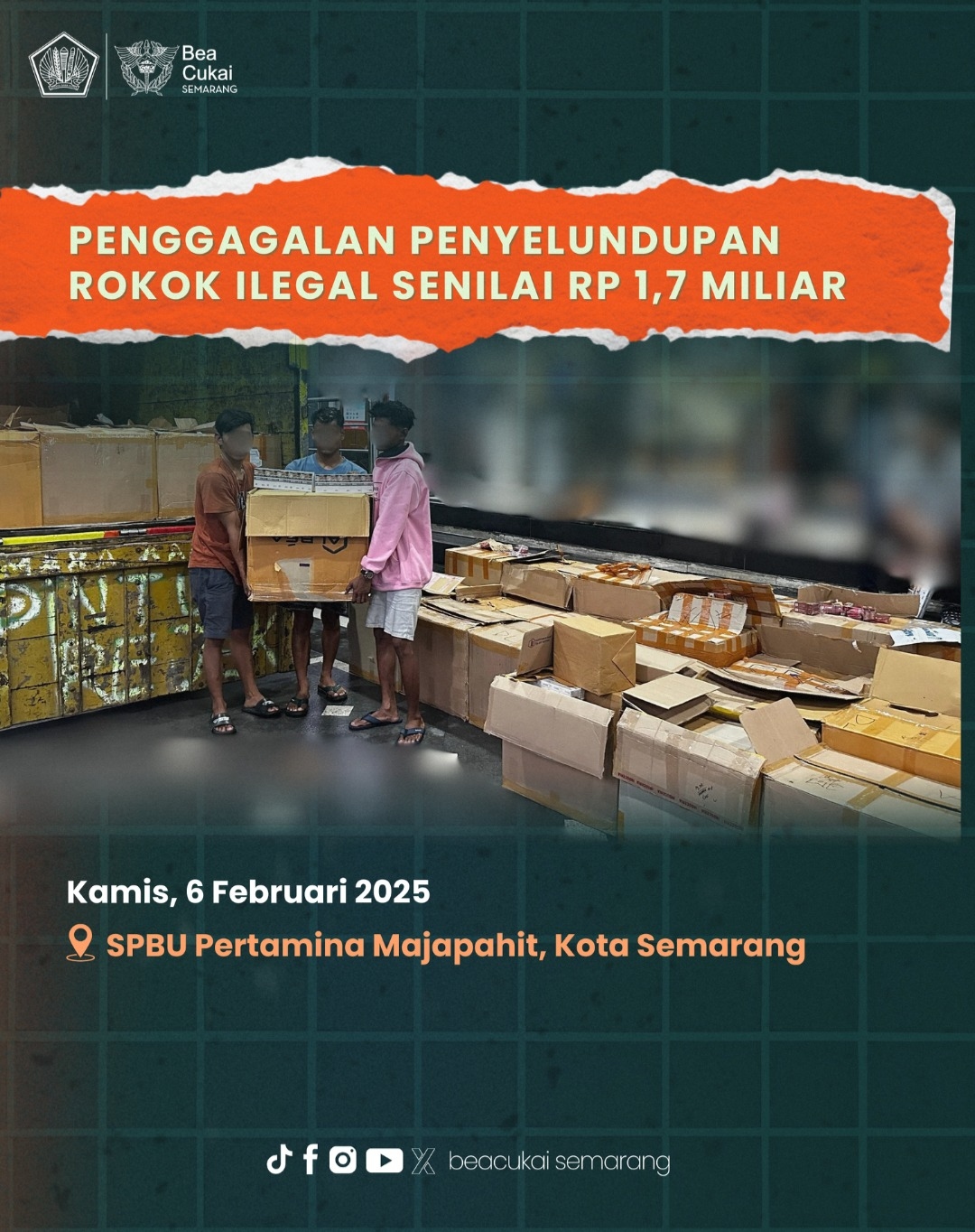 Bea Cukai Semarang Gagalkan Penyelundupan Rokok Ilegal Senilai Rp1,7 Miliar di SPBU Pertamina Majapahit