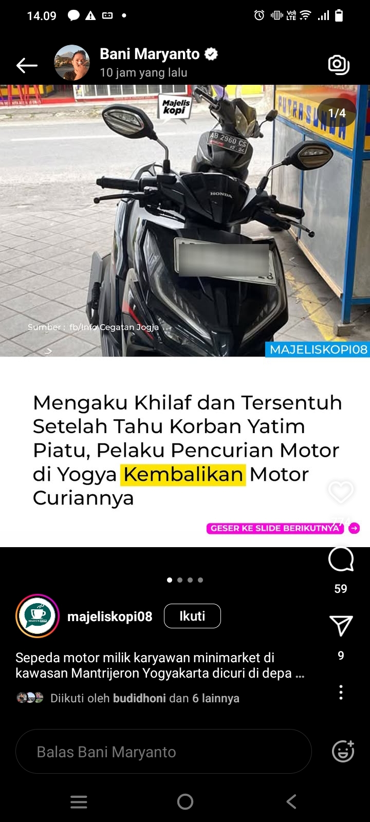 Pencuri Motor di Jogja Kembalikan Motor Kepada Pemiliknya Karena Kasihan Korban Yatim Piatu