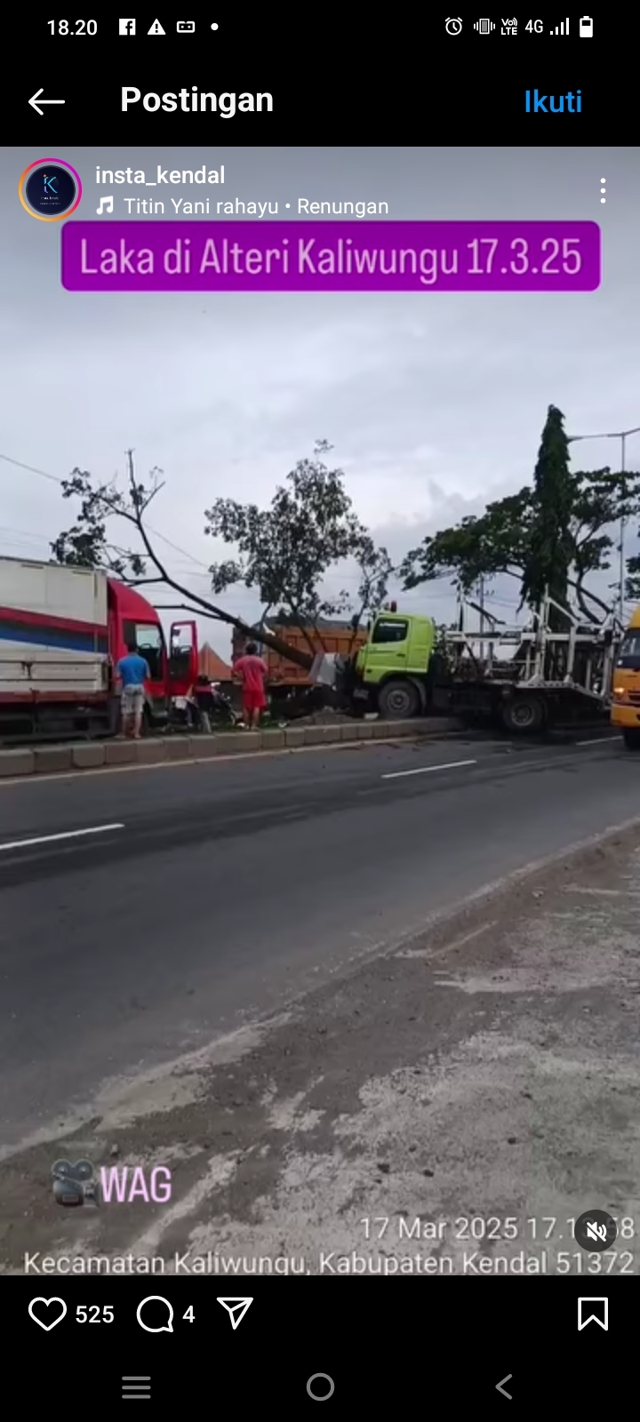 Kecelakaan di Pantura Kendal, Truk Tabrak Pohon yang Kemudian Menimpa Truk Lainnya