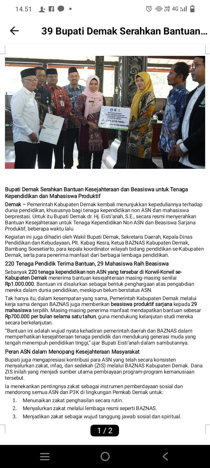 Bupati Demak Serahkan Bantuan Kesejahteraan dan Beasiswa untuk Tenaga Kependidikan dan Mahasiswa Produktif