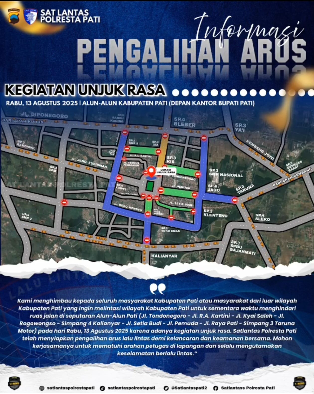 Satlantas Polresta Pati Siapkan Rekayasa Lalu Lintas Cegah Kemacetan Selama Aksi di Alun-Alun Berlangsung