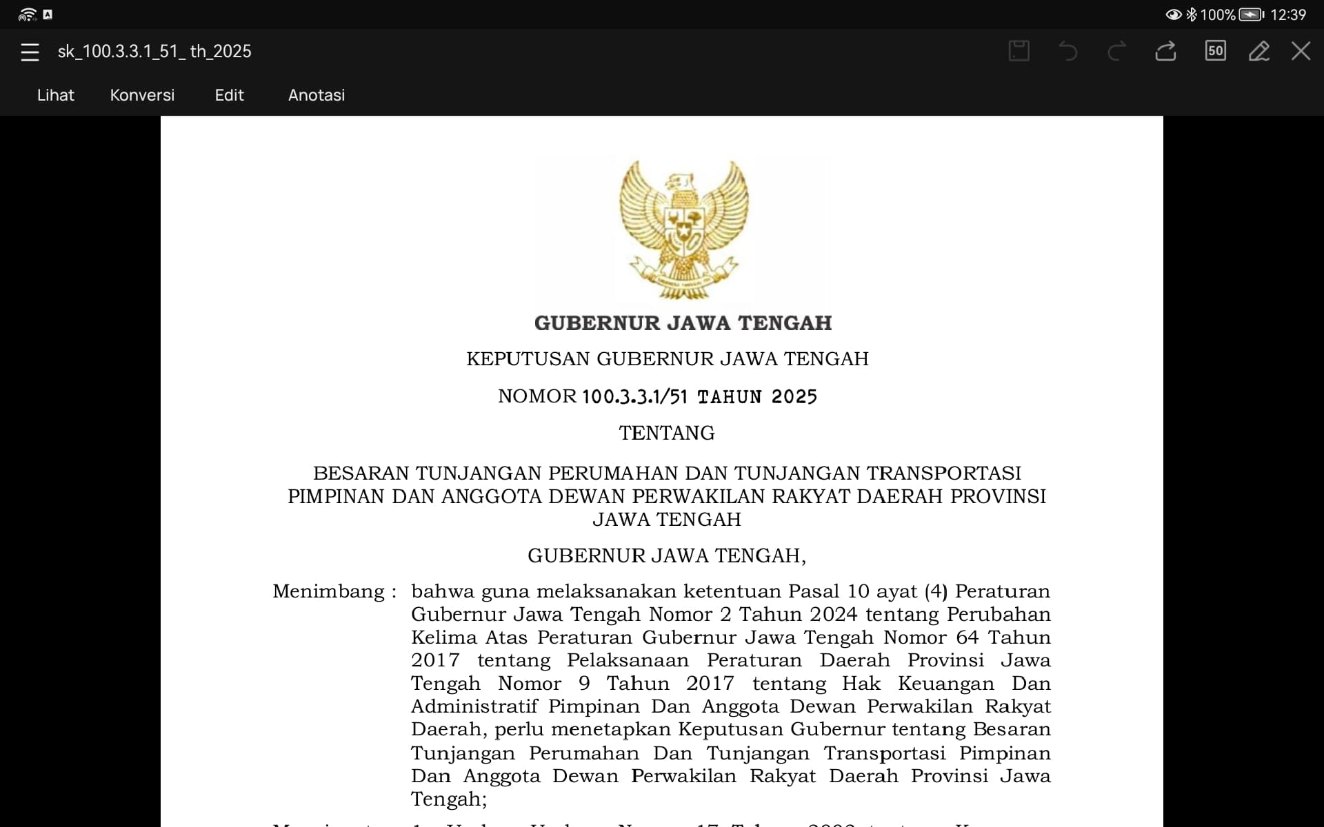 Isi Lengkap Keputusan Gubernur Jateng 2025 soal Tunjangan Perumahan dan Transportasi DPRD yang Menjadi Polemik