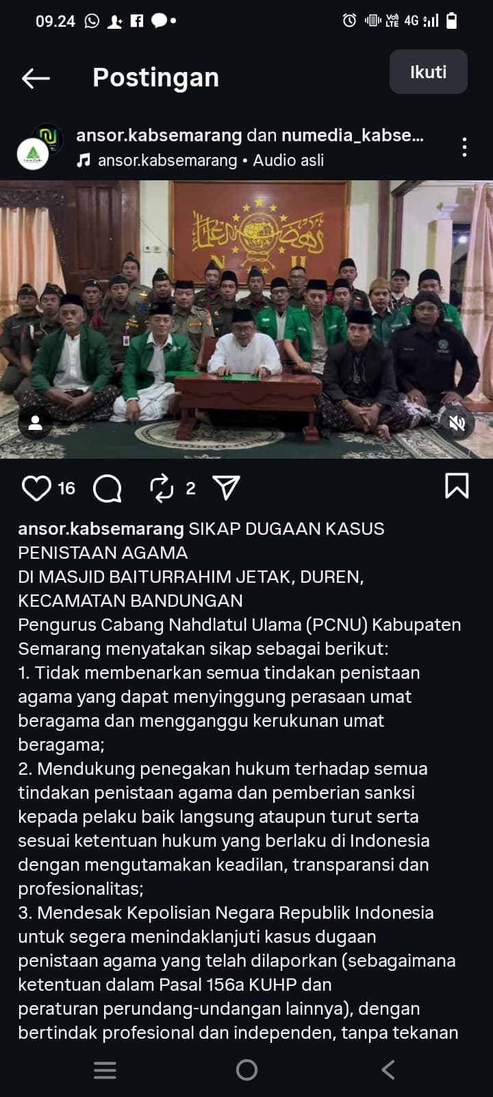 PCNU dan PC GP Ansor Kabupaten Semarang Terus Kawal Kasus Dugaan Perusakan Masjid di Bandungan